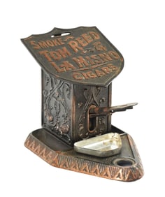 CAST IRON CIGAR CUTTER & MATCH DISPENSER ADVERTISING TOM REED CIGARS