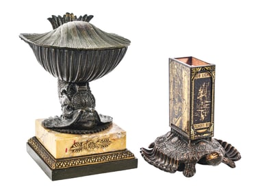 A WONDERFUL PAIR OF CAST IRON & BRONZE DESK ACCESSORIES