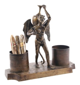 CAST BRONZE TOBACCO DESK SET CIGAR HOLDER W/ CIGAR LIGHTER