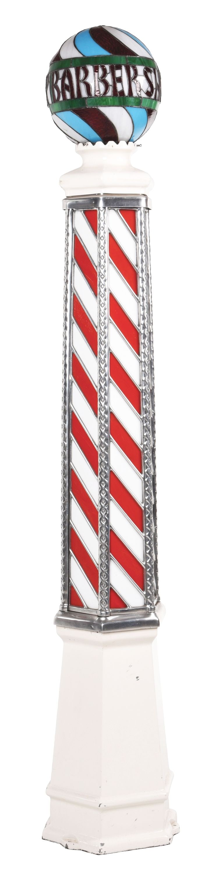 HEXAGON STAINED GLASS PORCELAIN FLOOR BARBER POLE W/ GLOBE (1 of 4)