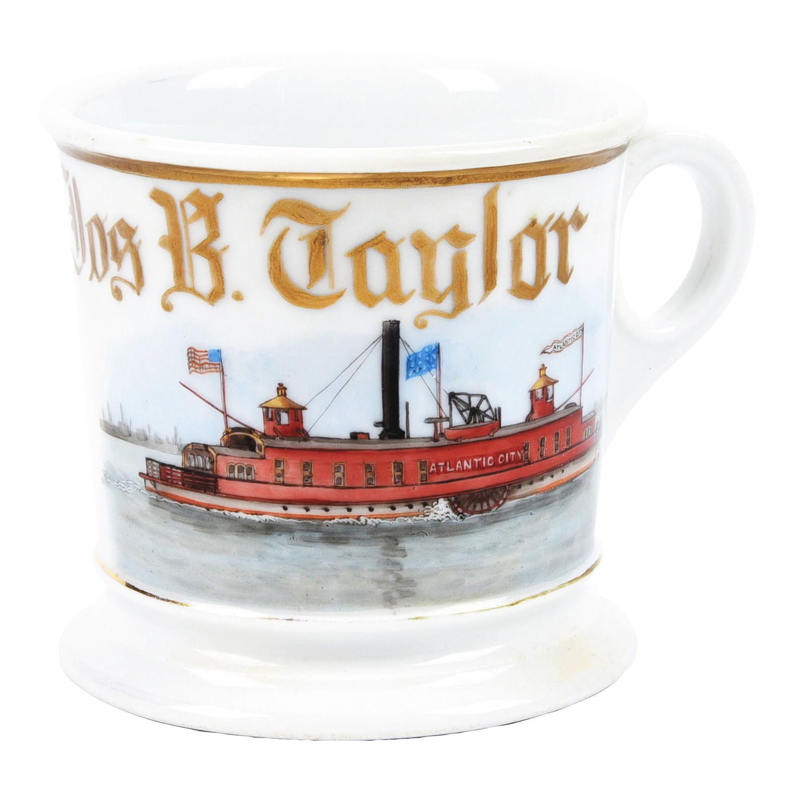 STEAM-DRIVEN PADDLE BOAT SHAVING MUG: It has the name "Jos. B. Taylor" in gold gilt. The mug is stamped "CFH GBM" under base. A detailed image of an Atlantic City paddle wheel boat with beautiful detail. Condition: (Excellent) Dimensions:
