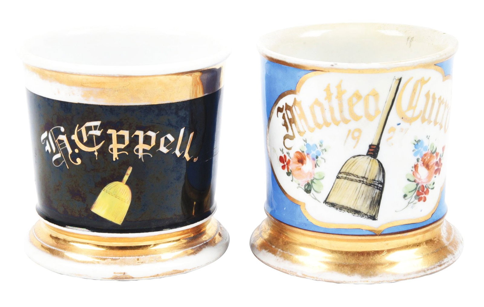 LOT OF 2: CLEANER'S SHAVING MUGS: Both mugs are depicting brooms. Condition: (Excellent) Dimensions: Largest: 4 - 1/2" x 3 - 3/4" x 3 - 1/2".