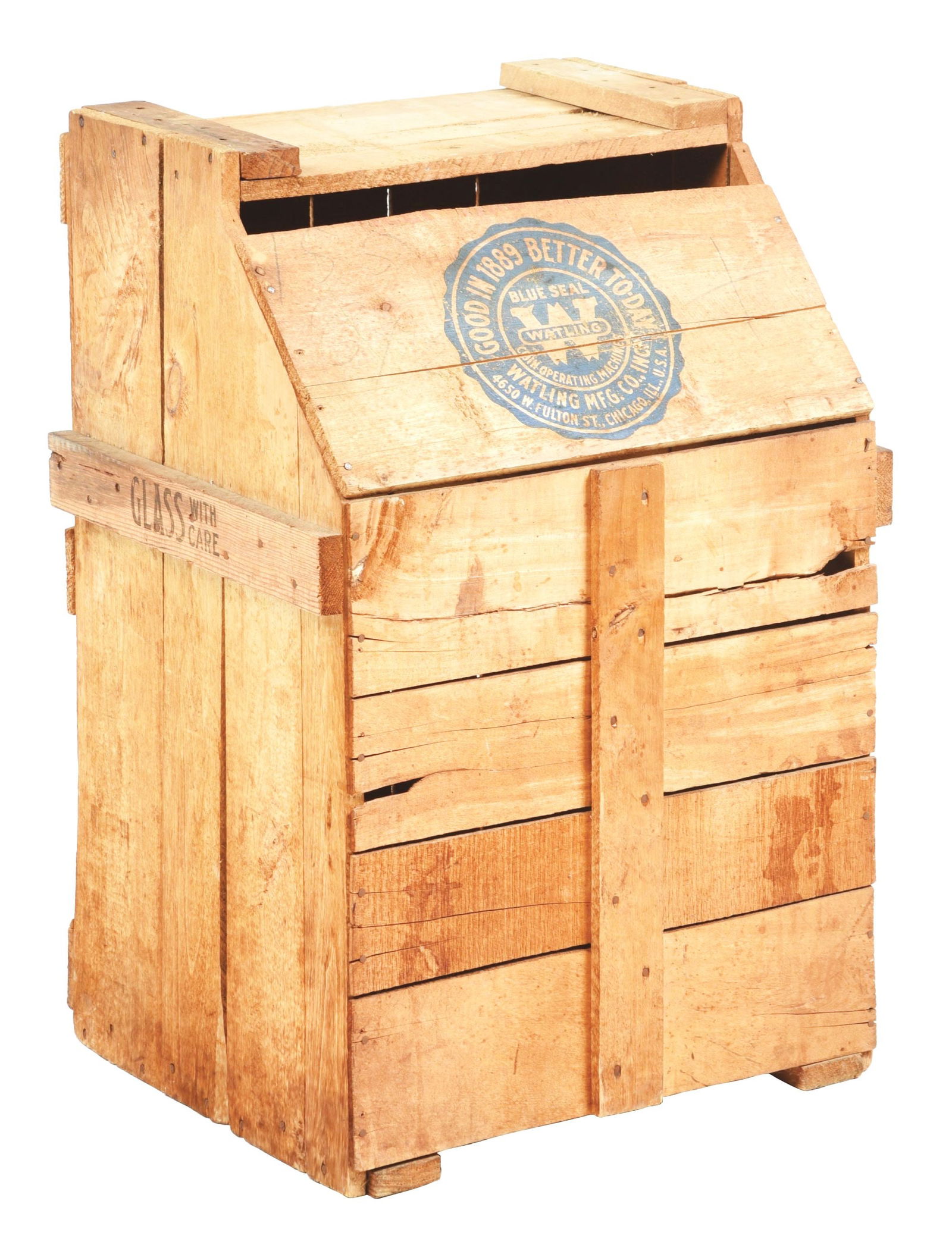 WATLING SLOT MACHINE PACKING CRATE: Original shipping crate for a Watling Blue seal slot machine. CONDITION: Wonderful original shape with strong labeling. Condition: (Very Good) Dimensions: 19" x 17" x 29 - 1/2".