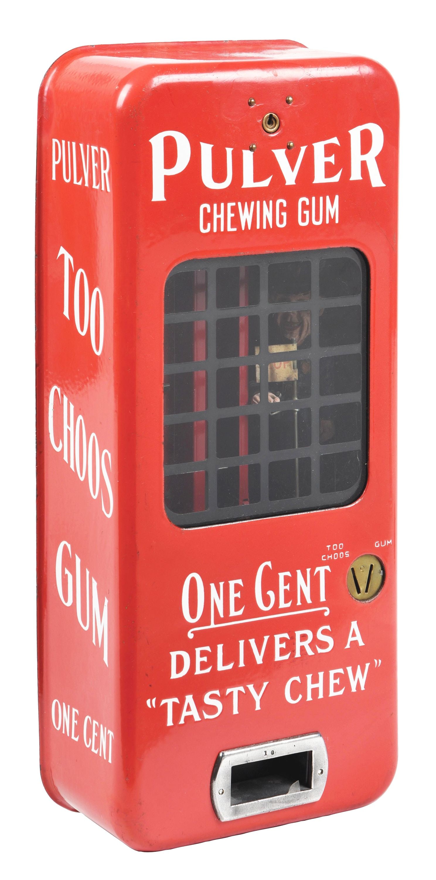 RED PORCELAIN PULVER VENDING MACHINE W/ STOP & GO COP: This red porcelain Pulver gum machine is the version that has the Joy Mint Gum and Too Choos Gum labeling on the sides. It comes with a "Stop and Go Cop" and the original mechanism. CONDITION: There a