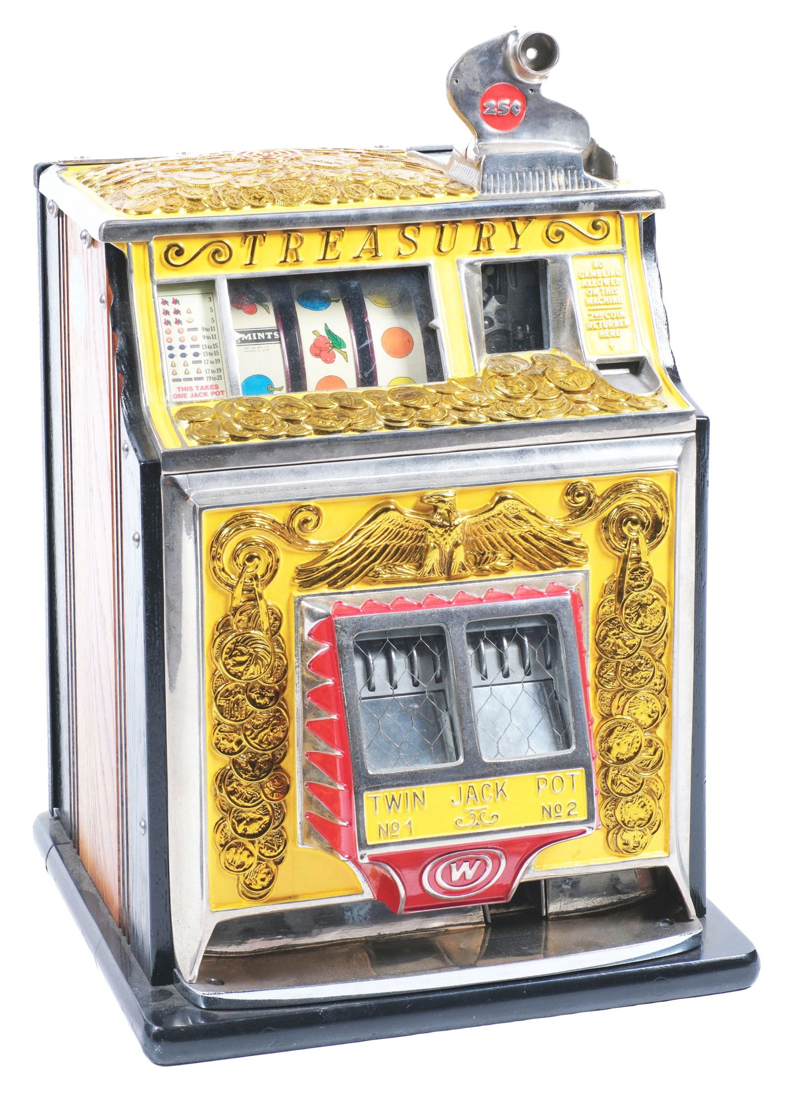 25¢ WATLING TREASURY COIN OP SLOT MACHINE: C. 1927. Wailing Mfg. Chicago IL. This Watling treasury dual jackpot slot machine is 25¢ operation and is an older restoration. CONDITION: It is showing a replaced backdoor, reel strips and award