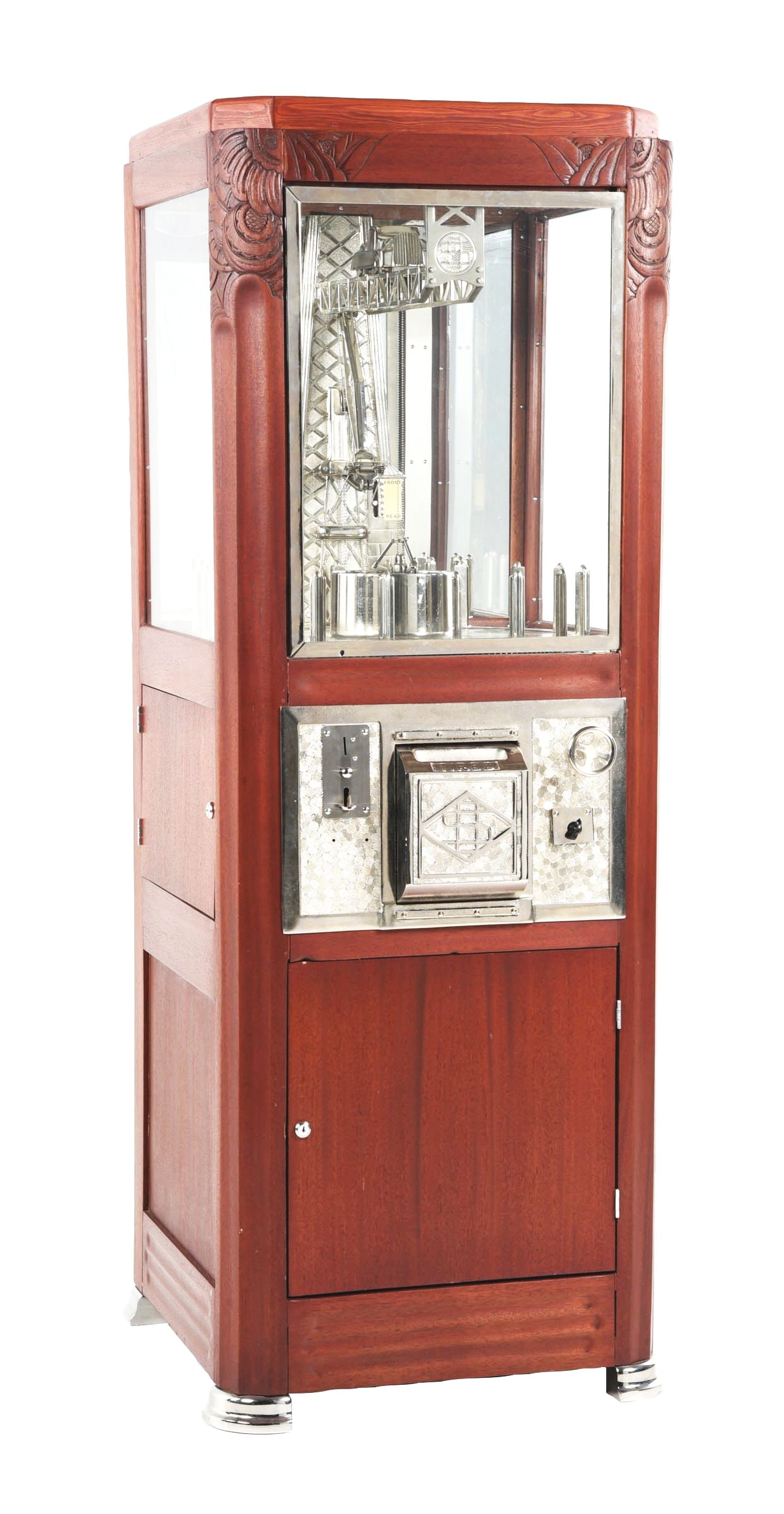 FRENCH ARCADE DIGGER.: One of the most fascinating diggers ever made. From the beautifully carved cabinet to the well designed mechanism, this crane is a pleasure to look at as well as to play. Very few were ever imported t
