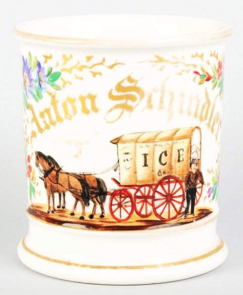 Horse-Drawn Ice Wagon Shaving Mug.: Gilt name "Anton Schnidler". Fantastic image of horse-drawn ice wagon with man standing at back. Nice floral wrap. One small hairline in handle. Condition (Excellent Plus). Size 3 - 3/4" T.