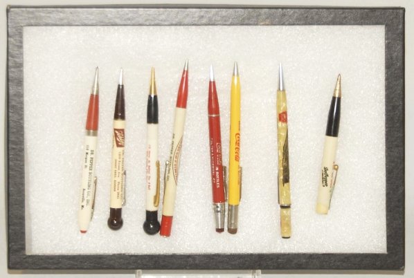 Lot of 8: Assorted Coca-Cola & Dr. Pepper Pens.: Most are 1940s. One is broken. Otherwise light wear. Condition (Excellent). Size Largest: 5 - 3/8" L.