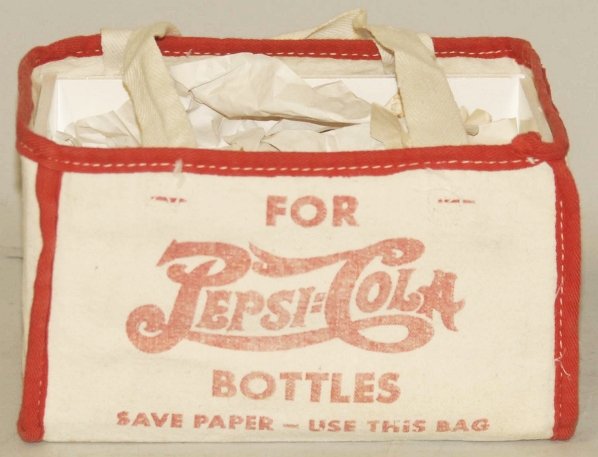 Scarce 1940s Cloth Pepsi-Cola Carrier.: Has original cloth handles. Holds six bottles and has slight fading and wear. Condition (Excellent). Size 8" x 4 - 1/2".