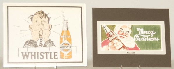 Lot of 2: Soda Advertising Signs.: 1950s and 1960s. Includes one small Coca-Cola art and one Whistle sign. Light wear. Condition (Near Mint). Size Largest: 11" x 14".