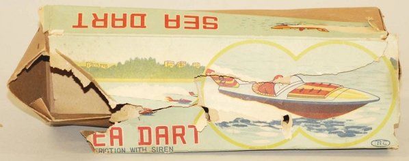 Japanese Tin Litho Sea Dart B-34 Boat.: Includes partial original box. Made by BC Japan. Crank friction motor is in working condition. Condition (Very Good - Excellent). Size Box: 9 - 1/2" x 3 - 1/4".