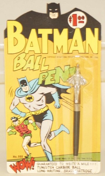 Vintage Batman Ballpoint Pen in Box.: Includes a colorful original card with original price tag of one dollar. Marked "Copyright National Periodical Productions 1966." Pen is sealed on card. Old store stock. Colorful and crisp. Made by Em