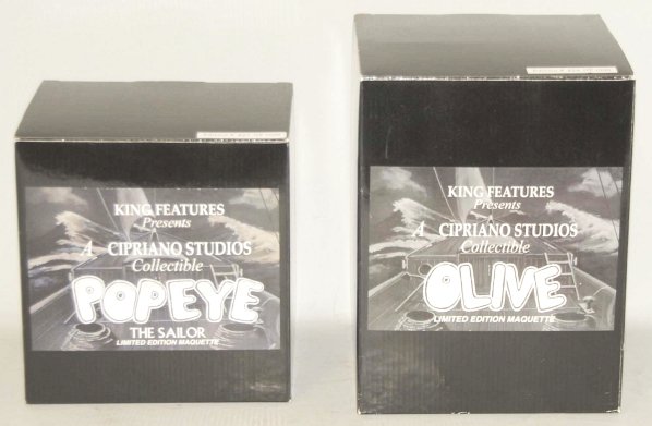 Lot of 2: Popeye & Olive Oyl Maquette Figures.: Limited edition. Boxes included. Olive 456/1000. Popeye 427/1000. Condition (Excellent). Size Largest Box: 9 - 3/4" x 7 - 1/4".