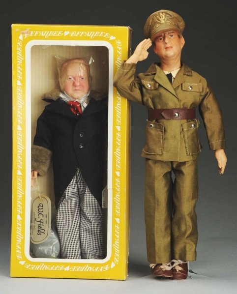 Lot of 2: Celebrity Dolls.: Freundlich composition General MacArthur portrait doll (restoration to face) with molded overseas cap, saluting arm, original uniform with leatherette belt and shoes. Effanbee 1980 vinyl W.C. Fields,