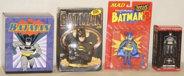 Lot of Batman Toys in Boxes.: This lot includes DC Direct Batman mini-maquette figure, a CORGI bat mobile, a vintage 1978 CORGI penguin car, and several other batman items. Condition (Excellent). Size Largest Box: 10" x 8".