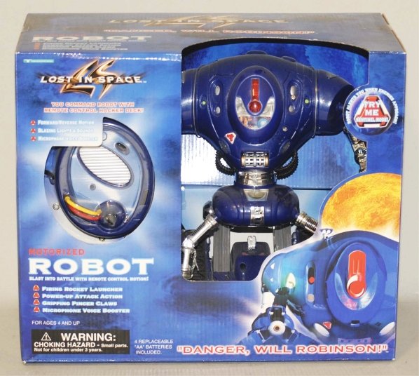 Lot of 4: Modern Lost in Space Toys.: Includes Trendmasters Jupiter 2 spaceship, Trendmasters robot figure and several other toys. Condition (Excellent). Size Largest Box: 11" x 13".