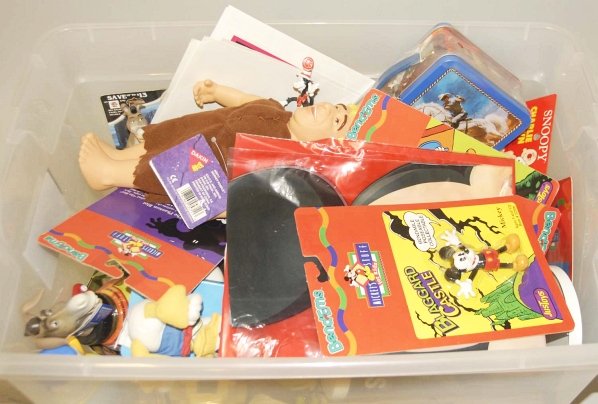 Lot of Assorted Character Toy Items.: This lot includes bubble bath containers, Disney items, Peanuts items, Pez dispensers, and many other assorted small toy items. Condition (Excellent). Size Largest: 11 - 1/2" T.