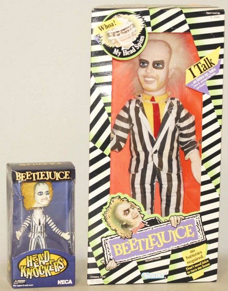 Lot of 2: Beetle Juice Toys in Boxes.: This lot includes Kenner talking Beetle Juice doll and NECA Beetle Juice bobbing head doll. Condition (Excellent). Size Largest Box: 18 - 1/2" x 9".