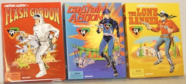 Lot of 6: Modern Captain Action Figures in Boxes.: This lot includes the Lone Ranger, Kato, Flash Gordon, and several other figures. Condition (Near Mint). Size Largest Box: 13 - 3/4" x 10 - 1/2".