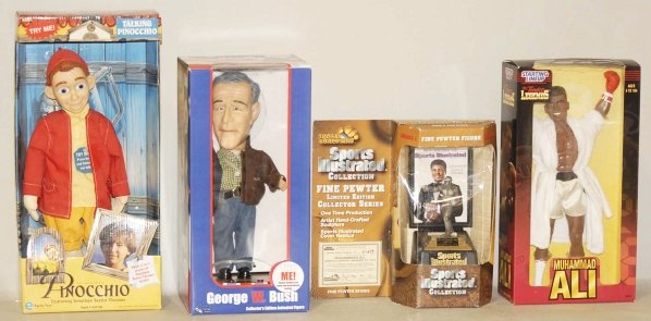 Lot of Assorted Character Toys in Boxes.: Includes talking George W. Bush toy, Space Ghost figure, Starting Line-Up Muhammad Ali figure, and several other items. Condition (Excellent). Size Largest Box: