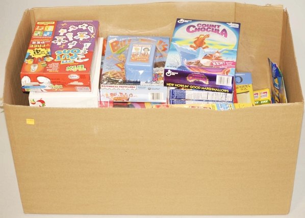 Large Lot of Assorted Cereal Boxes.: Lot includes numerous cereal boxes from the 1980 to the 2000s. Mostly are flattened. Condition (Excellent). Size Largest Box: 10 - 3/4" x 7 - 1/2".