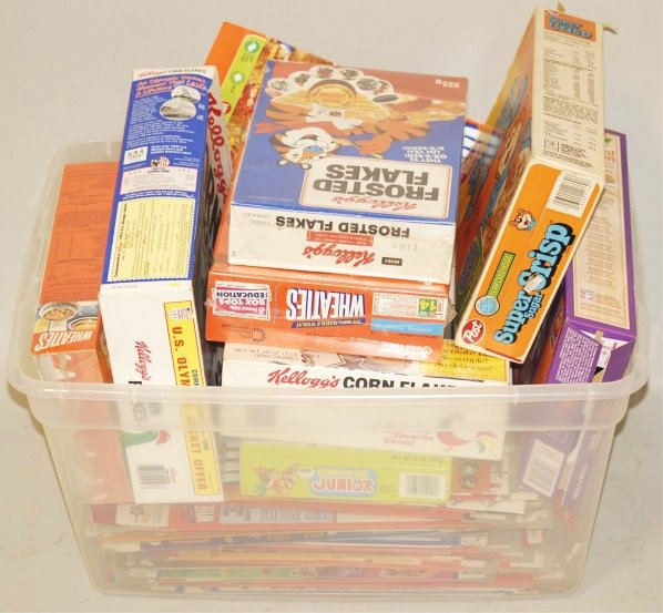 Large Lot of Sports Theme Cereal Boxes.: This lot includes sports theme cereal boxes from the 1970s to the 2000s. Most boxes are flattened. Condition (Very Good - Excellent). Size Largest Box: 11 - 3/4" x 8".