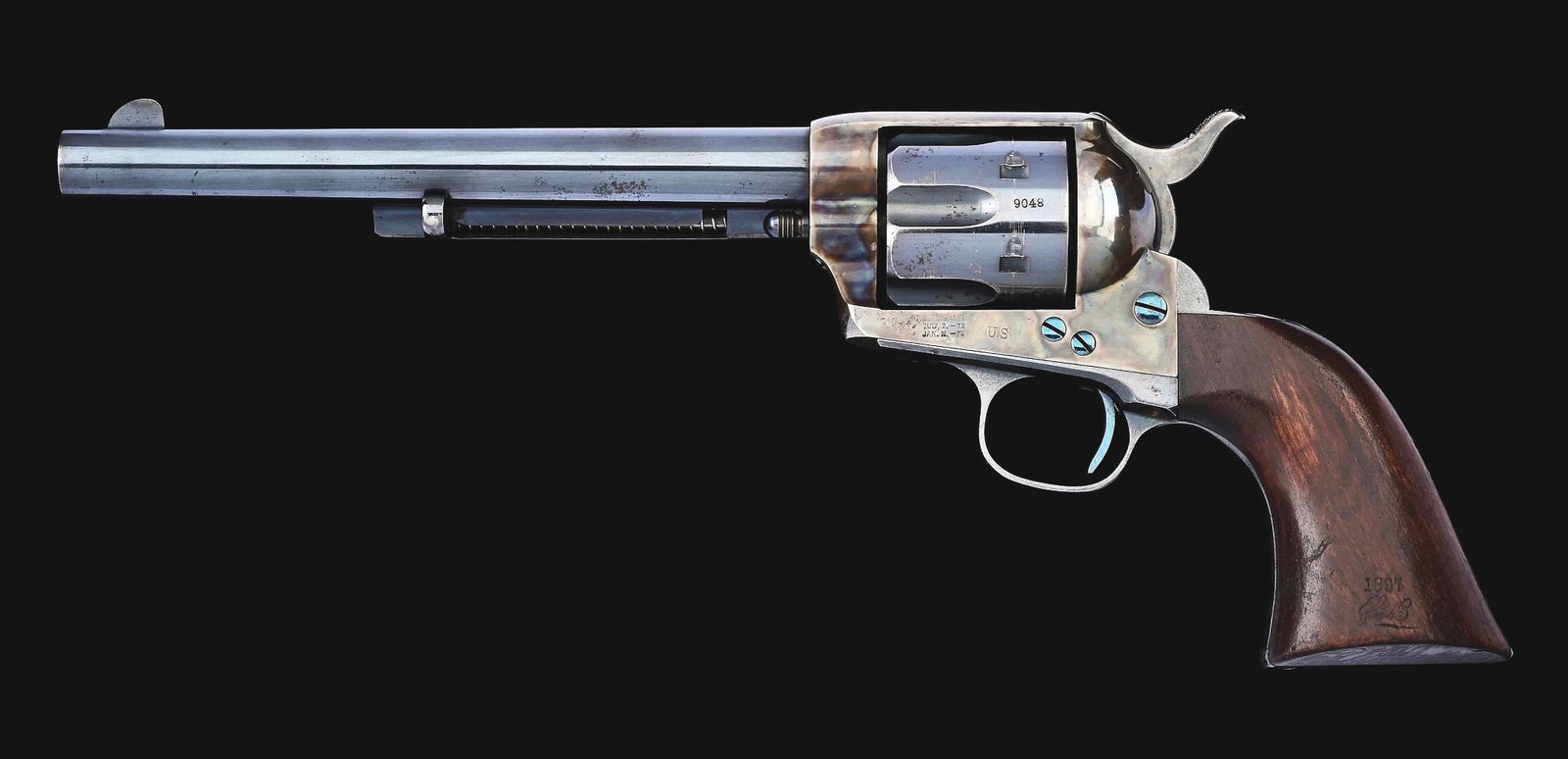 (A) DFC INSPECTED COLT SINGLE ACTION ARMY CAVALRY REVOLVER WITH M1881 CAVALRY HOLSTER.: Manufactured circa 1887 as part of the US Government contract Colt Cavalry Single Action Army revolvers of the 1870s-1890s. Features include 7 - 1/2" barrel with standard front sight, single line barr