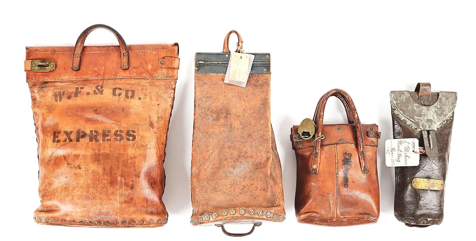 LOT OF 4: WELLS FARGO LEATHER MONEY / MAIL BAGS.: Lot consists of: (A) Large leather valuables bag. Handles and stop-reinforced section is held in place with large copper rivets. Front stenciled with, "W.F. & CO. / EXPRESS. (B) Tall leather mail/expr