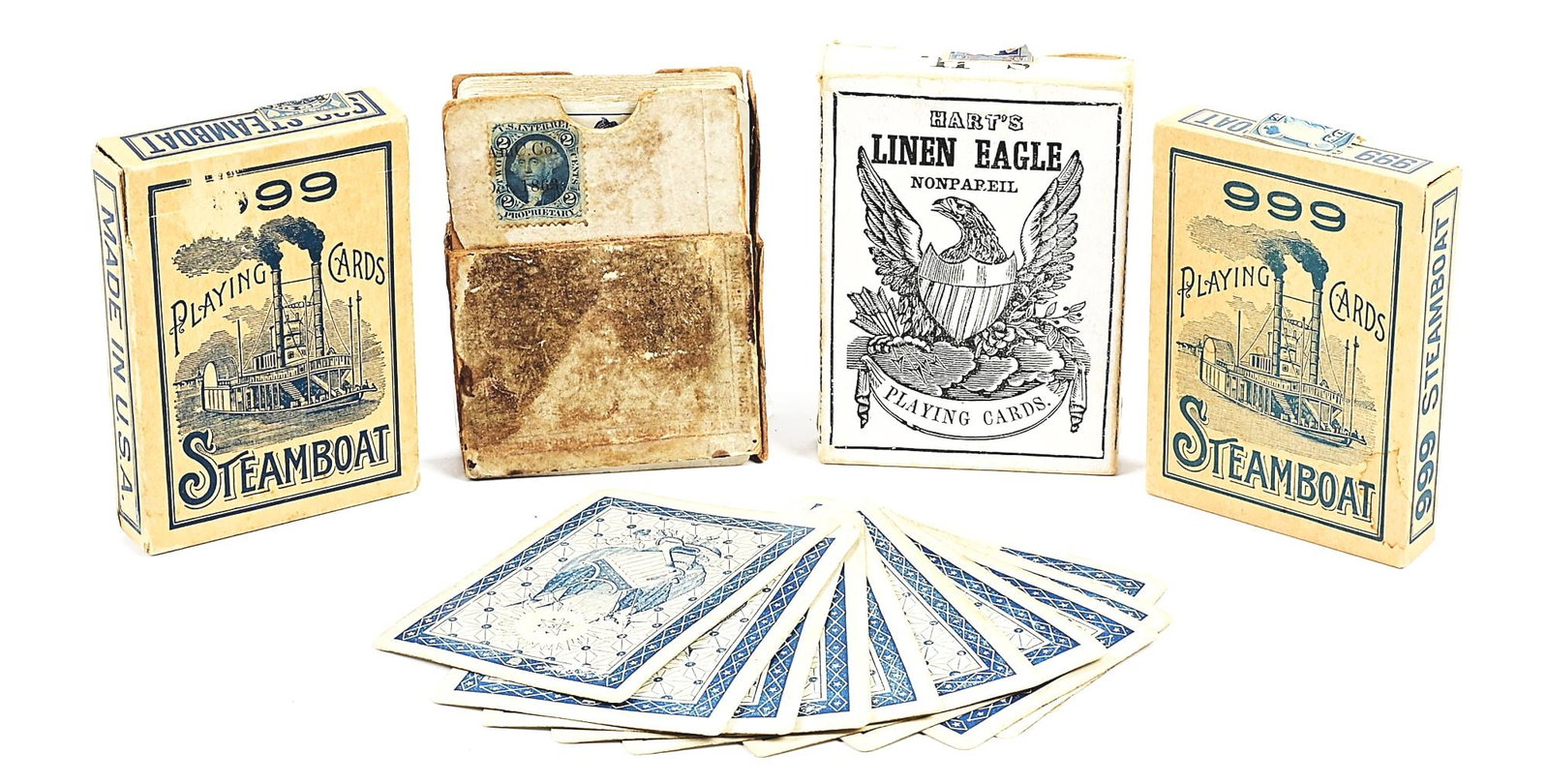 LOT OF 4: EARLY DECKS OF CARDS.: Lot consists of 4 packs of cards to include a Gold Rush era Samuel Hart & Co. deck with federal eagle motif on case. Samuel Hart was a legendary card maker of the Old West. Due to the popularity of hi