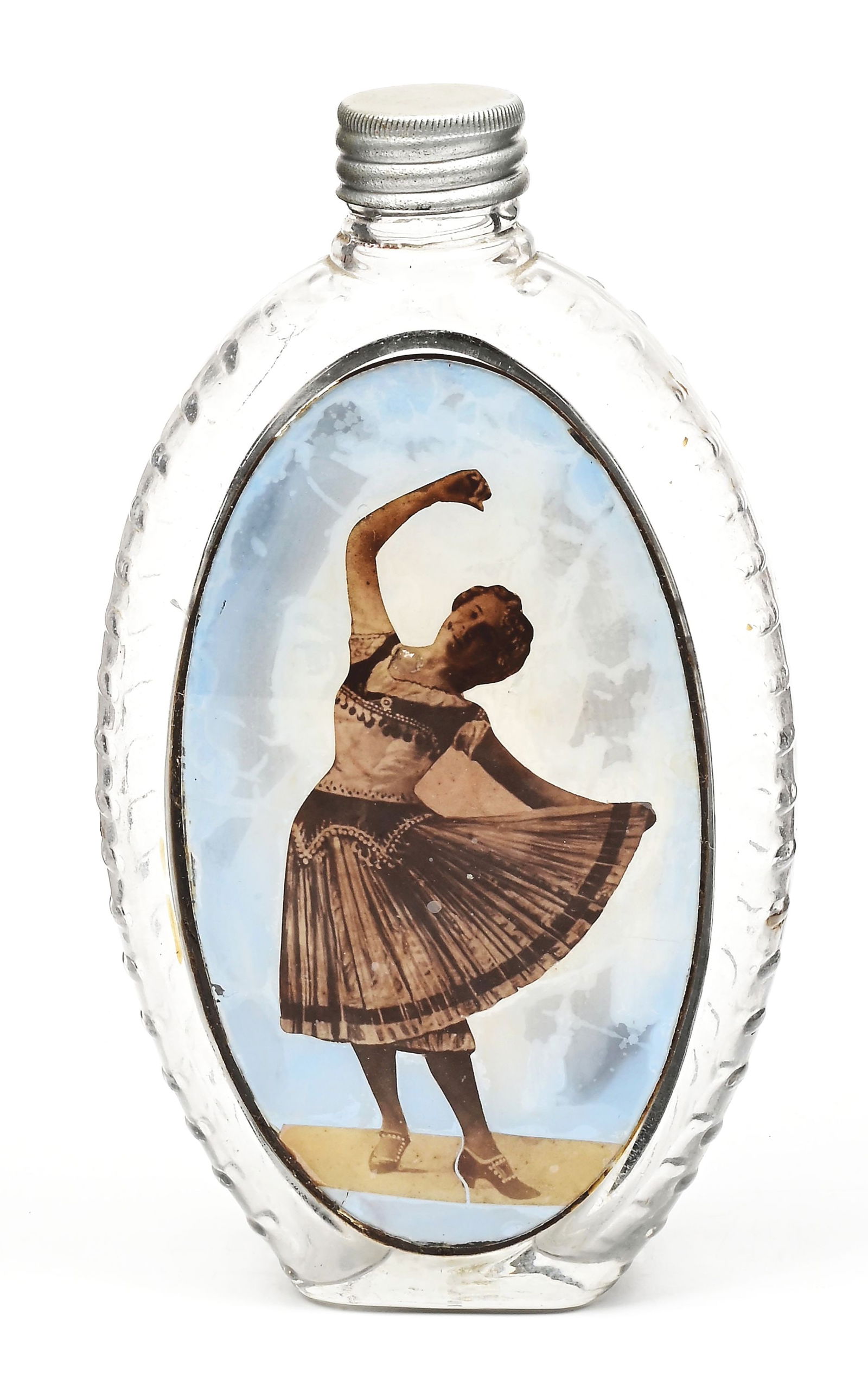 REVERSE ON GLASS WHISKEY FLASK.: Nice image of woman dancing in a dress. CONDITION: Excellent.