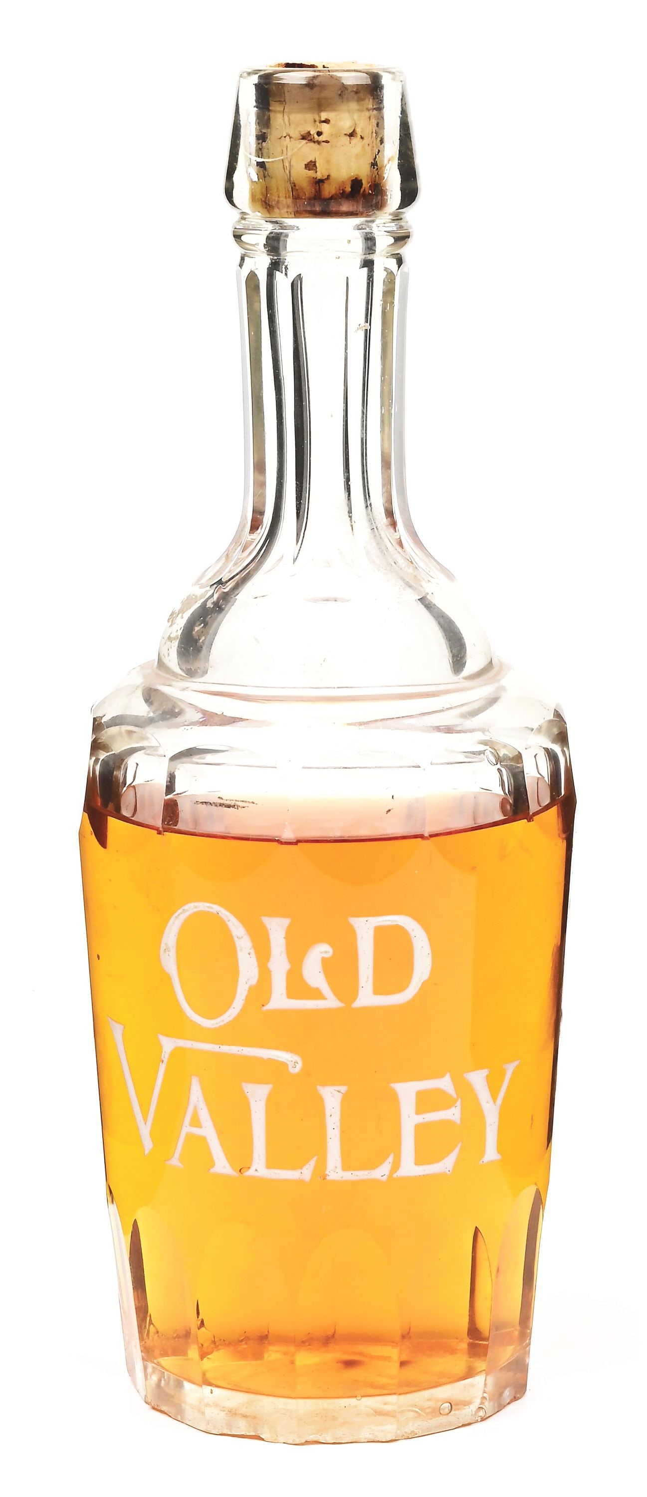 OLD VALLEY BACK BAR WHISKEY BOTTLE.: Few minor chips to bottom rim. CONDITION: Very good.