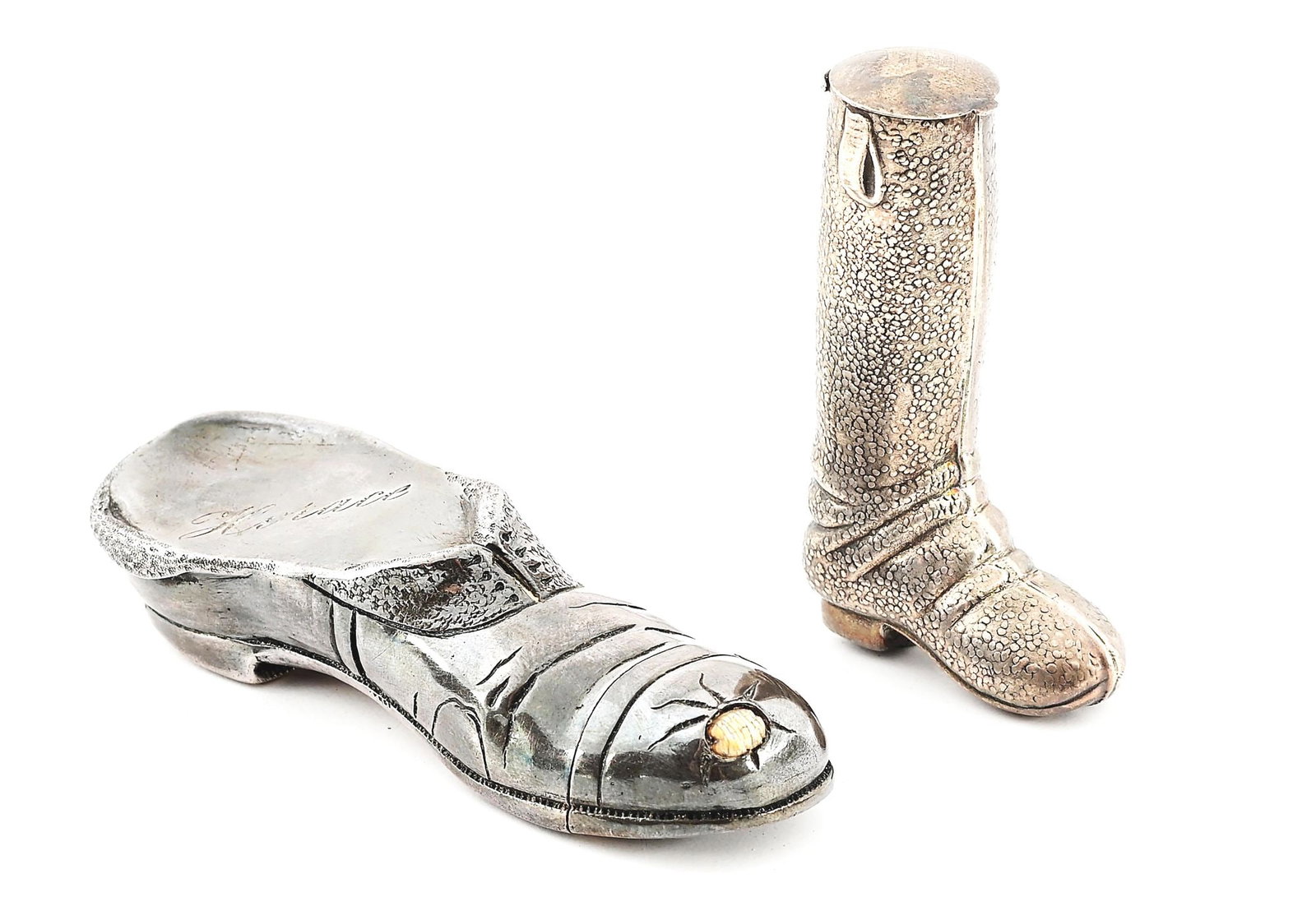 LOT OF 2: BOOT MATCH SAFES.: Lot consists of 2 figural boot match safes. CONDITION: Excellent.