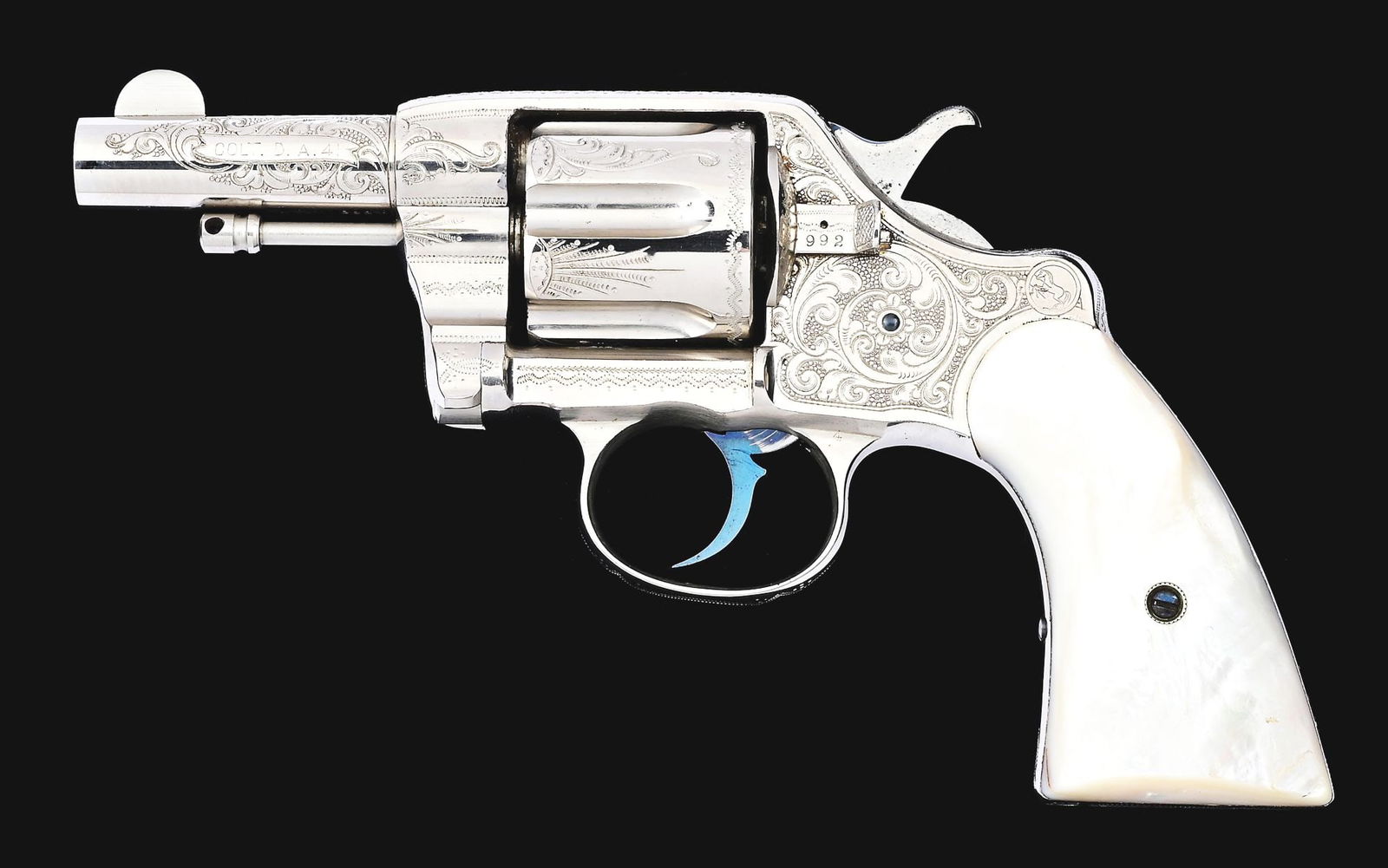 (A) FACTORY ENGRAVED COLT MODEL 1889 NAVY DOUBLE ACTION REVOLVER.: Extremely rare and desirable factory engraved 1889 Navy with a 3" barrel. The Colt Factory Archive letter states that this gun left the factory as a .38 Colt with a 3" barrel, nickel plating, pearl gr