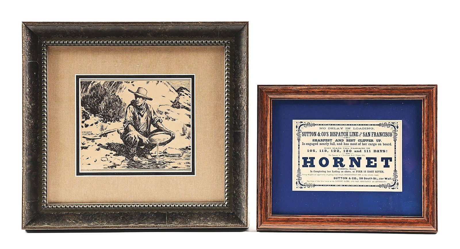 LOT OF 2: FRAMED GOLD RUSH ITEMS.: Lot consists of: (A) Pen and ink original artwork of an armed California gold miner kneeling down with wash pan on the side of a stream. Signed "EWEN HOFER." (B) Framed 1860s clipper card advertising 