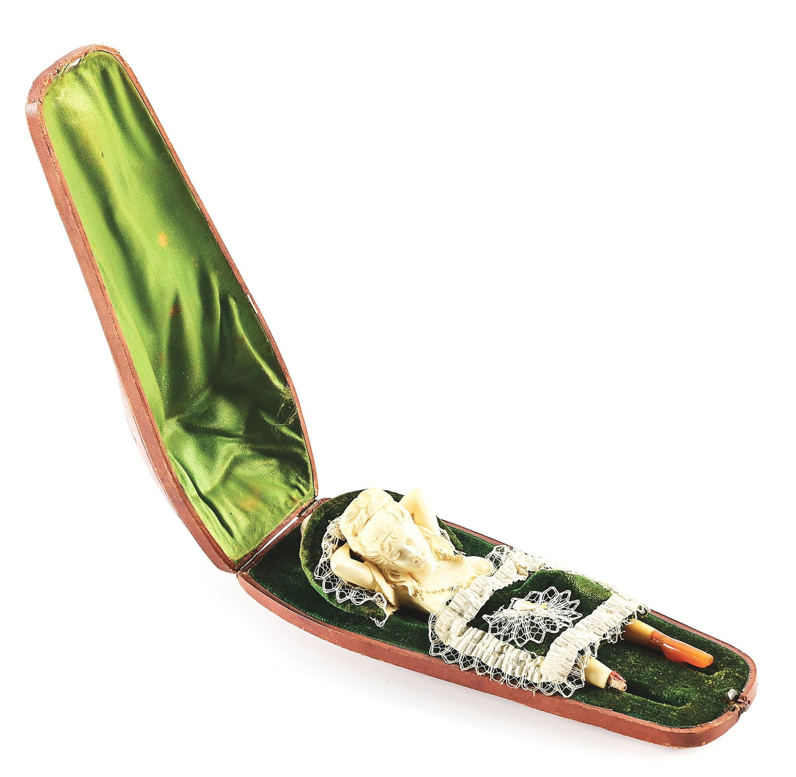 MEERSCHAUM PIPE OF LADY IN CASE.: Seldom seen subject matter of a naughty reclined Victorian lady. Finished in hand carved meerschaum with two extra gartered "gal leg" stems. Case is pressed fiber covered in Moroccan leather with a si