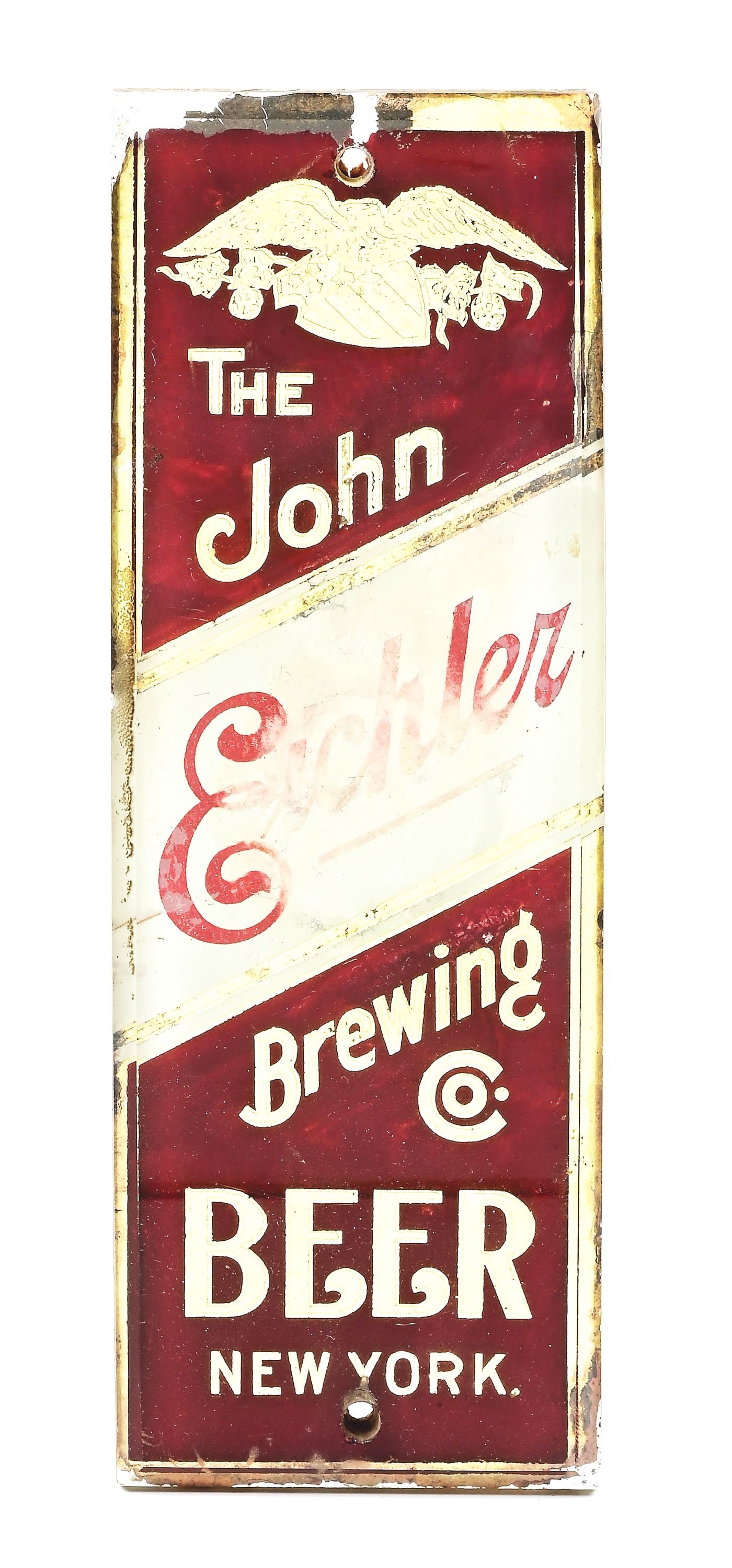 THE JOHN EICHLER GLASS DOOR PUSH BEER SIGN.: Early 1900s for John Eichler Brewing Company out of New York. Manufactured by Herrlein and Heinrich out of New York. Glass intact, some minor wear to reverse on glass paint. CONDITION: Very good.