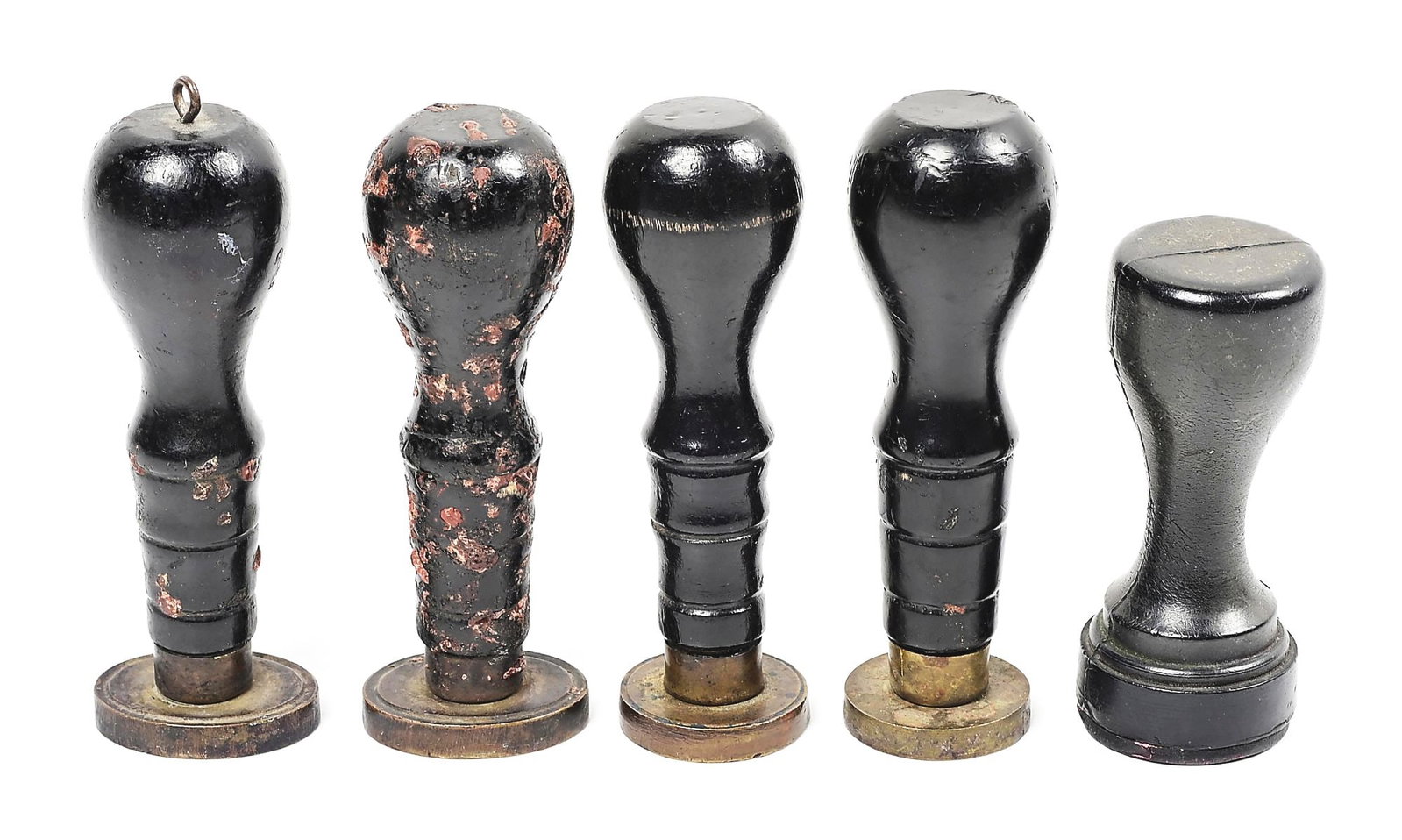 LOT OF 5: ANTIQUE WAX AND INK STAMPS.: Lot consists of: (A) Brass wax stamp "Railway Express Co., Sacramento, #12". (B) Brass wax stamp, "Railway Express Co., PUBLIC, Merced, Calif." (C) Ink stamp "Central of GA Railway, RECEIVED, Cedartow