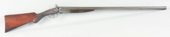 W. Richard Underlever SxS Hammer .12 Shotgun.: Barrel length: 30". Length of pull: 14". Barrels marked "London Fine Twist". Stock is cracked at trigger guard on right side plate. Stock has many handling marks. Bores are poor. Originality: 50%. Con