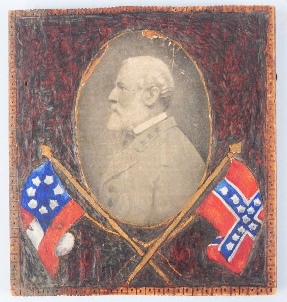 Lot of 2: Robert E. Lee Pictures.: The largest comes in a frame and the smaller picture is on a wooden plaque with minor losses. Condition (Very Good - Excellent). Size Largest Framed: 19 - 1/2" x 16 - 1/2".
