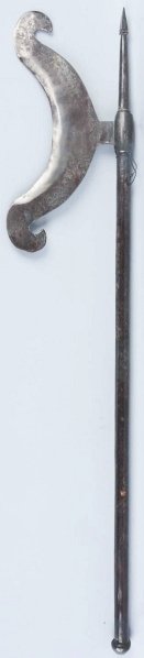 Indo Persian Combination Battle Axe & Spear.: Circa 1850 to 1890. Entirely constructed of steel, the ornate blade is decorated with silver damascening floral designs, silver damascening bands also on steel shaft. Light pitting in areas with some 