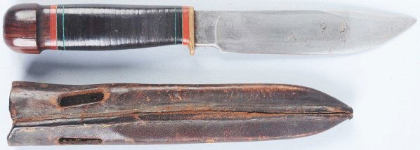 M.S.A. Co. "Ideal" Sheath Knife.: With cocobolo crown on stacked leather handle. Knife is in correct sheath. Condition (Good - Very Good). Size Blade: 4 - 7/8" L.