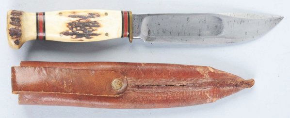 Marbles Gladstone "Ideal" Sheath Knife.: Stag crown on stag handle. Knife has a half guard and is in correct sheath. Condition (Excellent). Size Blade: 5" L.