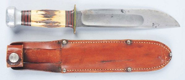 Marbles Gladstone "Ideal" Sheath Knife.: Aluminum crown which may be incorrect for this stag handle. This knife is in correct sheath with signed button. Condition (Very Good). Size Blade: 7" L.