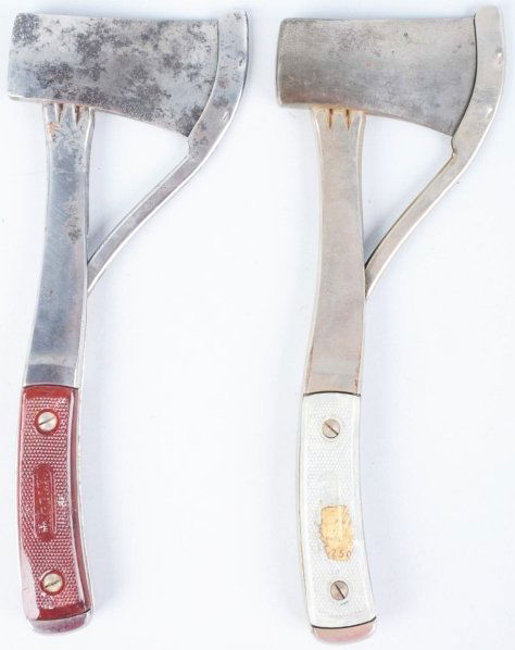 Lot of 2: Marbles Gladstone Safety Pocket Axes.: Both are type 3. Includes one example with axe head marked "Marbles No. 2" and its guard bears the wording "Marble Arms & Mfg. Co./Gladstone Mich. U.S.A. Patd. 1898". The gray plastic handles are mark
