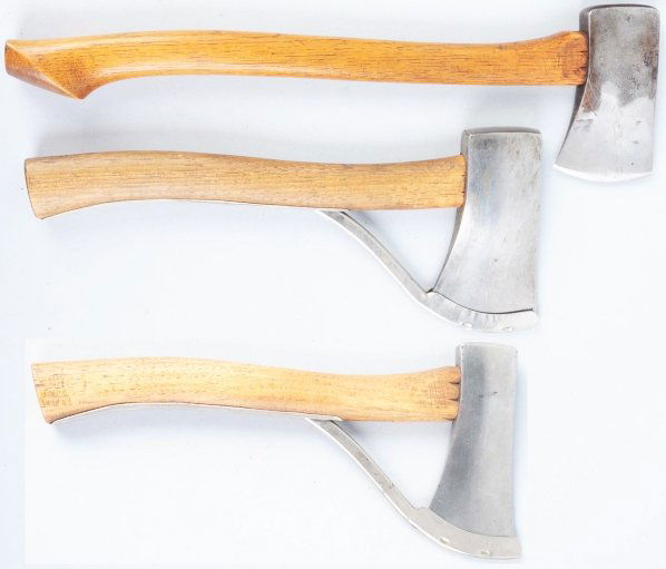 Lot of 3: Marbles Gladstone Axe.: Includes a #6 pocket axe with guard marked "Marble Arms & Mfg. Co./Gladstone Mich. U.S.A. Patd. 1898". Next is a #5 safety pocket axe with guard marked "Marble Arms & Mfg. Co./Gladstone Mich. U.S.A. P