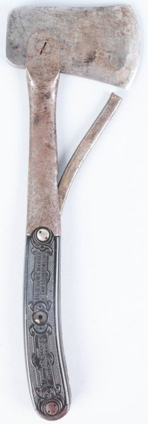 M.S.A. Co. Safety Pocket Axe.: Type 1. Axe head held on to handle by a single screw bearing the Patent date "May 24, 1898". Handles are embossed hard rubber bearing a dog chasing a rabbit scene on one side and the other side bearin