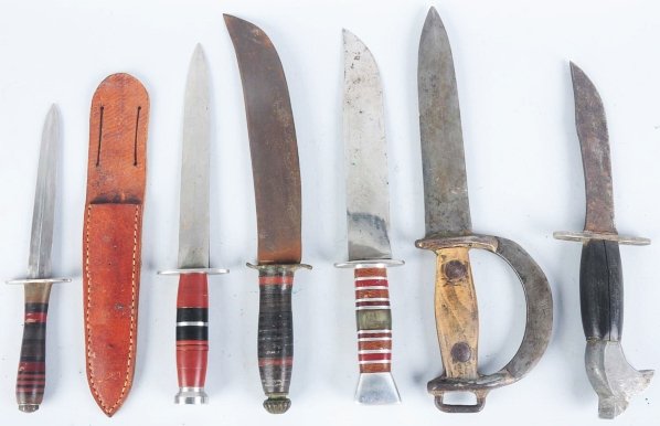Lot of 6: Unsigned Handmade Theater Fighters.: Includes one large D guard fighter with double edged dagger blade, guard that has been sharpened like a knife blade, and swell center wood handle, one large dagger with oval aluminum guard, heavy alum
