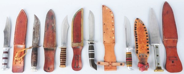 Lot of 6: Handmade Unsigned Theater Knives.: Includes one large double edged dagger in all metal construction. Blade is well balanced and nicely made. Next, is a clip point sheath knife with aluminum handle decorated with red composition spacers