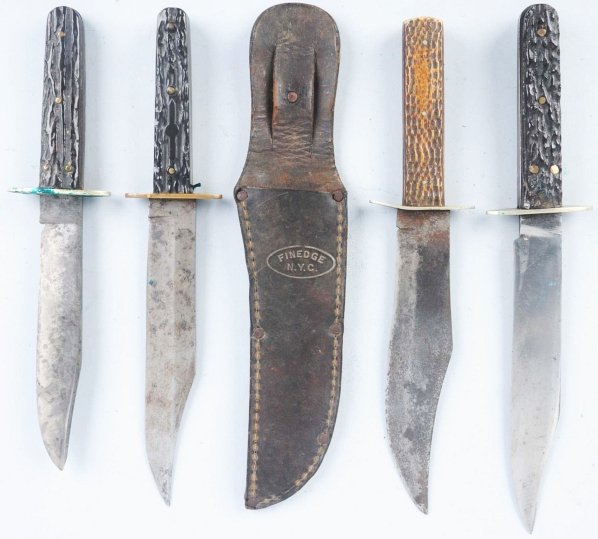 Lot of 4: Sheath Knives.: Includes one Universal L.F. & C. clip point Bowie style hunter knife with nickel silver oval guard and composite stag handle, one Universal L.F. & C. clip point Bowie style hunter knife with nickel si