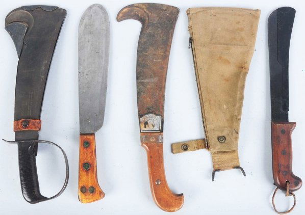 Lot of 4: Machete, Brush Axes, & Bolo.: Includes one V-44 CaseXX non-folding machete with correct blade cover and hardwood handle, one Woodman's Pal #280 brush cutting axe with stacked leather D-guard handle and D-guard marked "LC-14-B", an